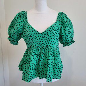 Urban Outfitter NWOT Deep V Low Back Puff Sleeve Peplum Top Dot Print Size Small